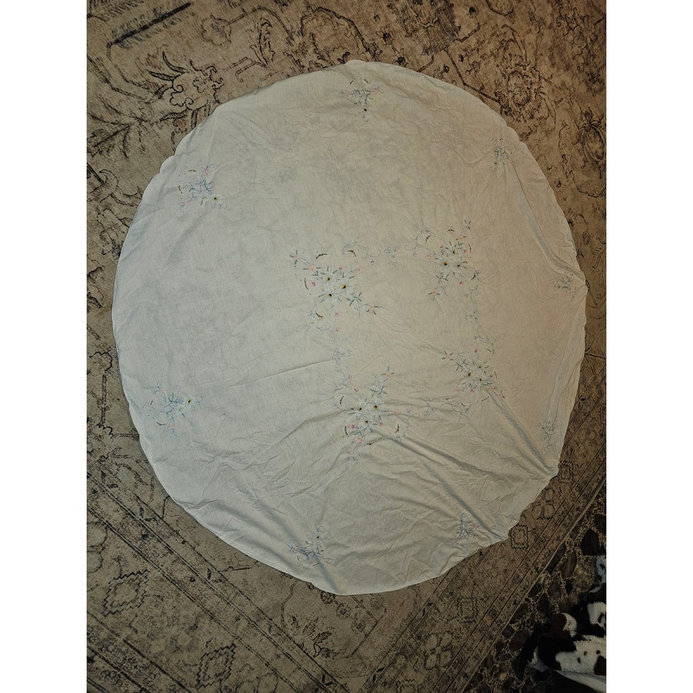 Vintage round floral designed table cloth 1970s 67 inch floral stiched